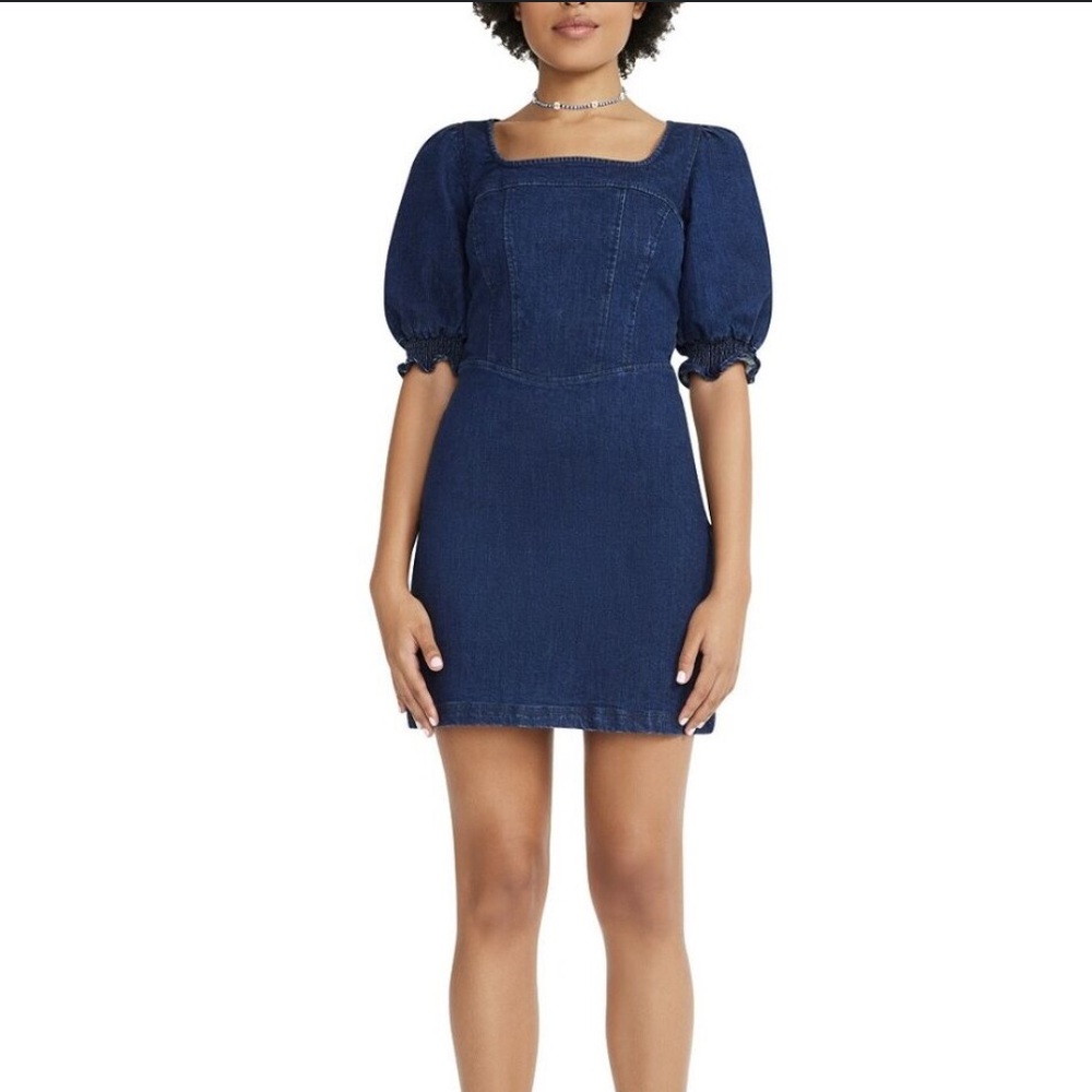 NWT BETSEY JOHNSON Denim Puff Sleeve Mini Dress with Exposed‎ Zipper Detail